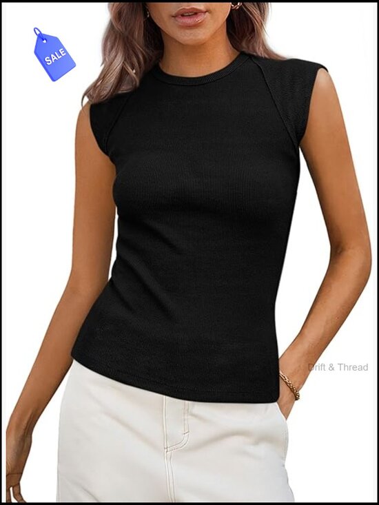 Tops - Slim Fit Ribbed Knit Tank Top Cap Sleeve Crew Neck Pullover Tee